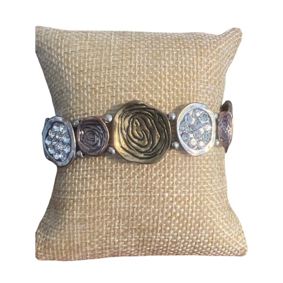 Vintage Mixed Metal Medallion Stretch Bracelet Clear Rhinestones Estate 6.5" - Picture 1 of 4